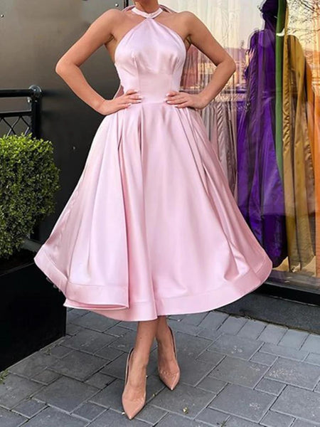 Halter Neck Pink Tea Length Prom Dresses, Short Pink Satin Formal Homecoming Dresses