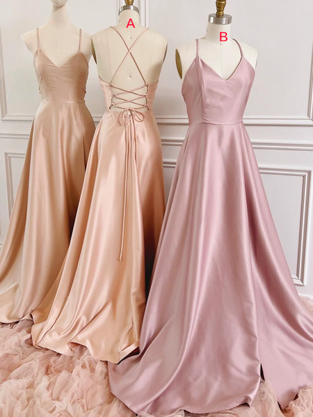 Simple A Line V Neck Satin Long Prom Evening Dresses