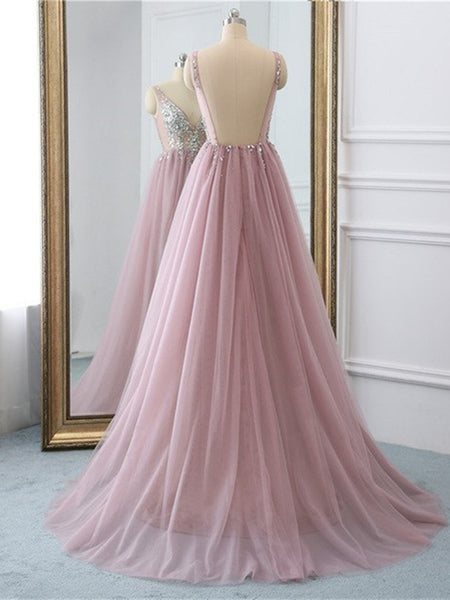 V neck pink backless beaded tulle long prom dress with high leg slit, pink backless beaded tulle evening dress