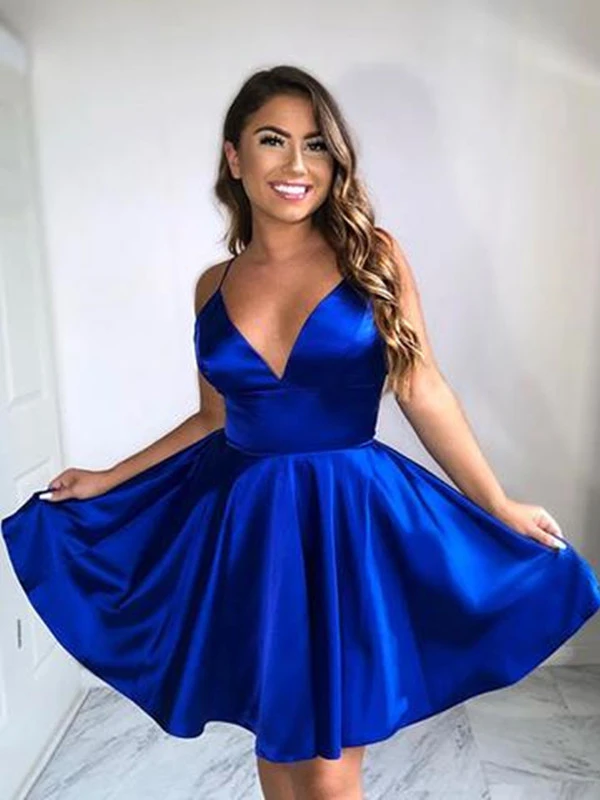 A Line V Neck Blue Satin Short Prom Dresses, V Neck Blue Satin Short Graduation Evening Dresses