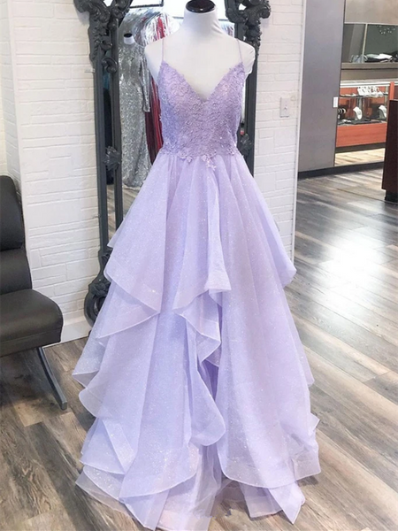 V Neck Purple Tulle Lace Long Prom Dresses, V Neck Blue Tulle Lace Long Formal Evening Dresses