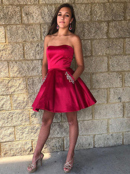 Strapless Short Burgundy Prom Dresses, Short Burgundy Formal Homecoming Dresses