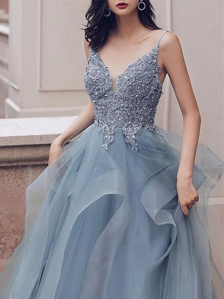 Deep V Neck Appliqued Spaghetti Straps Organza Blue Bridal Dresses，Appliqued Spaghetti Straps Blue Prom Dresses