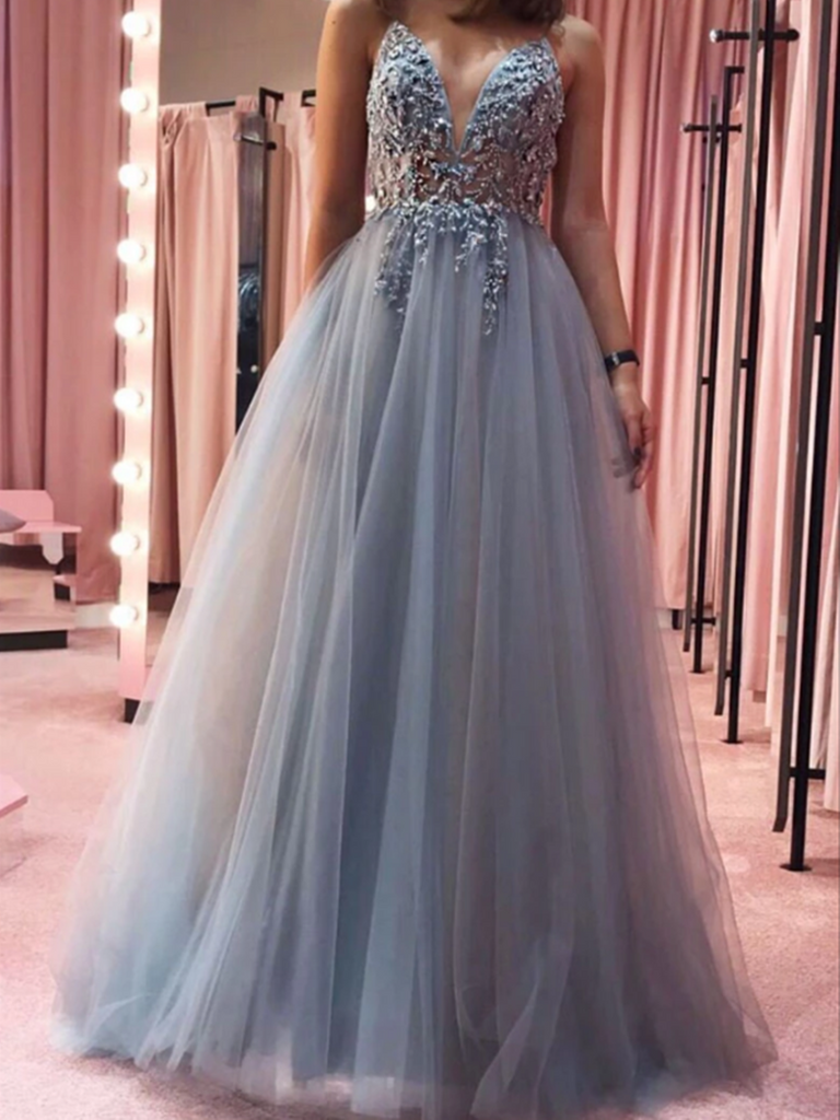 Gray V Neck Tulle Lace Long Prom Dress ,Gray V Neck Tulle Lace Long Formal Dress