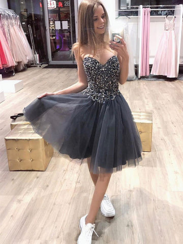 Gray Sweetheart Neck Tulle Beads Short Prom Dress, Gray Sweetheart Neck Tulle Beads Short Homecoming Dress