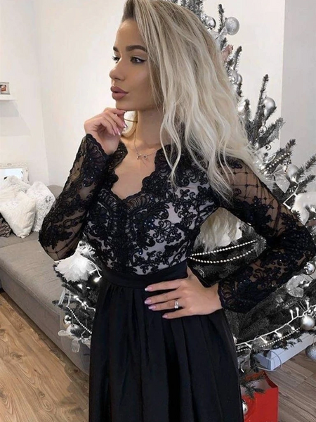 V Neck Black Lace Long Sleeves Prom Dresses with High Slit, Long Sleeves Black Lace Formal Evening Dresses