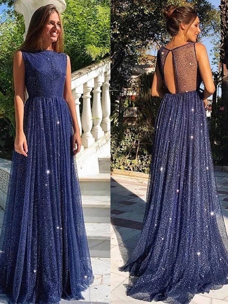 A Line Round Neck Navy Blue Long Prom Dresses, Round Neck Navy Blue Formal Dresses, Navy Blue Evening Dresses