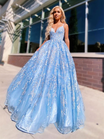 V Neck Blue Tulle Lace Long Prom Dresses,  Blue Tulle Lace Long Evening Dresses