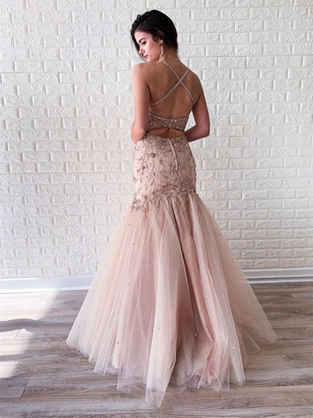 V Neck Mermaid Tulle Beaded Long Prom Dress, Mermaid Tulle Beaded Formal Evening Dress