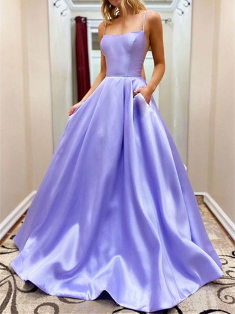 Simple A Line Purple Satin Long Prom Dresses, Long Purple Formal Evening Graduation Dresses