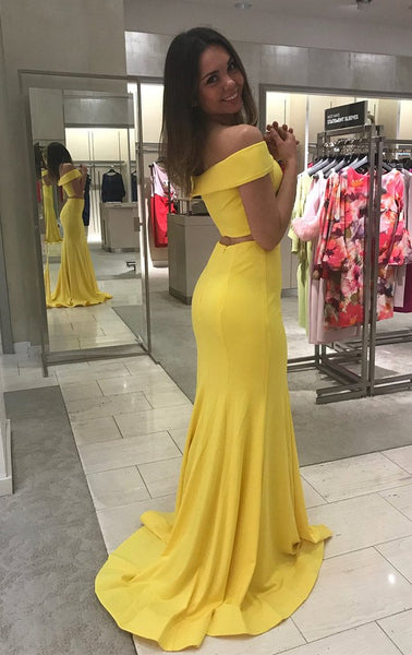 Yellow Tow Pieces Off Shoulder Mermaid Long Prom Dresses, Tow Pieces Yellow Mermaid Formal Graduation Evening Dresses