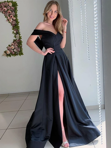 Off Shoulder Black Satin Long Prom Dresses with High Slit, Off The shoulder Black Formal Graduation Evening Dresses