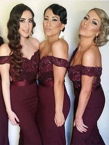 Sweetheart Neck Off Shoulder Mermaid Maroon Lace Prom Dress, Maroon Lace Bridesmaid Dress, Maroon Formal Dress