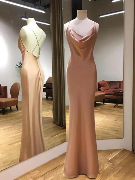 Mermaid Backless Champagne Long Prom Dresses, Mermaid Backless Champagne Formal Evening Dresses