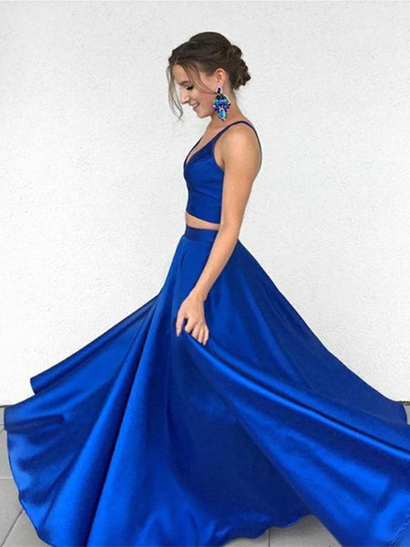 A Line Two Pieces Royal Blue Long Prom Dresses, Royal Blue Two Pieces Long Formal Dresses, Two Pieces Royal Blue Graduation Evening Dresses