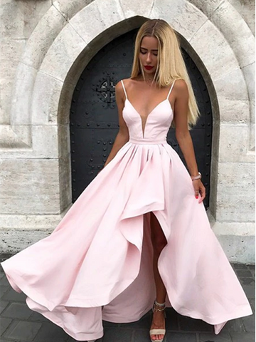 V-neck Pink Spaghetti Straps Split Formal Prom Dress, V-neck Pink Spaghetti Straps Evening Dress