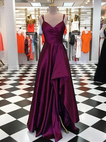 A Line V Neck Purple High Low Satin Prom Dresses, High Low Purple Formal Graduation Evening Dresses