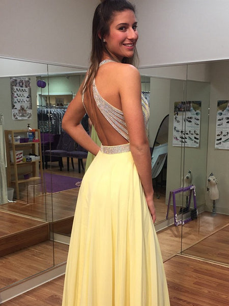 A Line Chiffon Round Neck Yellow Beading Prom Dress , Yellow Beading Formal Evening Dress