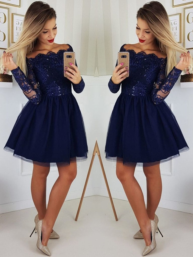 A Line Long Sleeves Lace Navy Blue Short Prom Dresses, Navy Blue Lace Homecoming Dresses