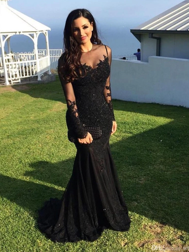 Long Sleeves Mermaid Lace Black Prom Dress, Lace Black Mermaid Formal Dress, Evening Dress, Party Dress