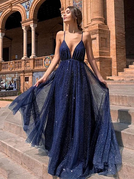 Sparkly A Line V Neck Backless Sequins Navy Blue Prom Long Dresses, Navy Blue Open Back  Formal Evening Dresses