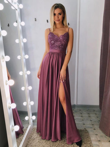 V neck satin lace long prom dress, V neck satin lace long evening dress