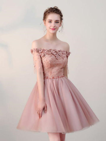 Dusty Pink Off Shoulder Short Sleeves Homecoming Dress, Dusty Pink Off Shoulder Short Sleeves Prom Dress