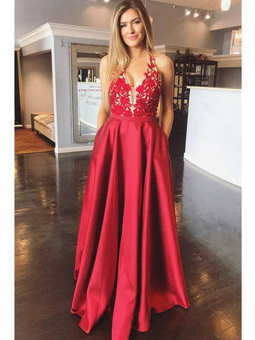 A Line Halter V Neck Backless Lace Appliques Red Formal Evening Dresses 