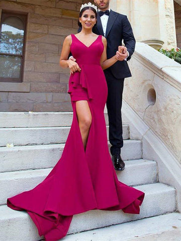 V Neck Mermaid Burgundy Satin Long  Bridesmaid Dress With Side Split, Mermaid Burgundy Prom Evening Dress