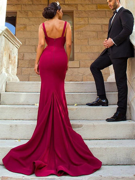 V Neck Mermaid Burgundy Satin Long  Bridesmaid Dress With Side Split, Mermaid Burgundy Prom Evening Dress