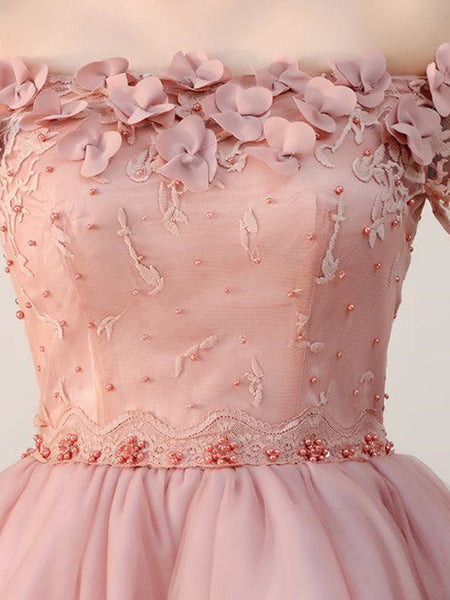 Dusty Pink Off Shoulder Short Sleeves Homecoming Dress, Dusty Pink Off Shoulder Short Sleeves Prom Dress