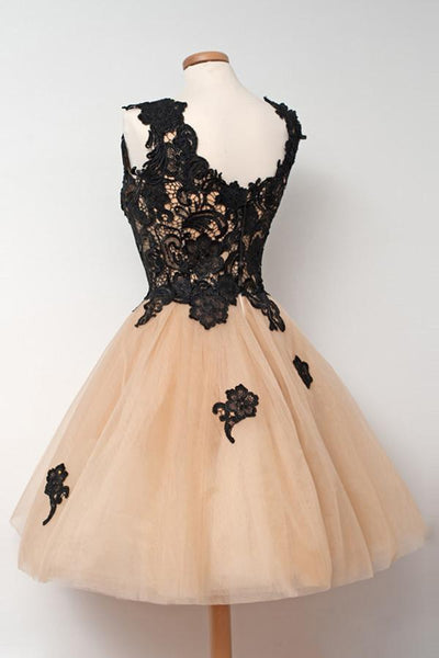 Custom Made Short Champagne Prom Dresses with Black Lace Appliques, Champagne Homecoming Dresses, Graduation Dresses