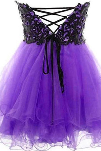 Sweetheart Neck Short Purple Prom Dress with Black Lace, Short Purple Homecoming Dress, Graduation Dress