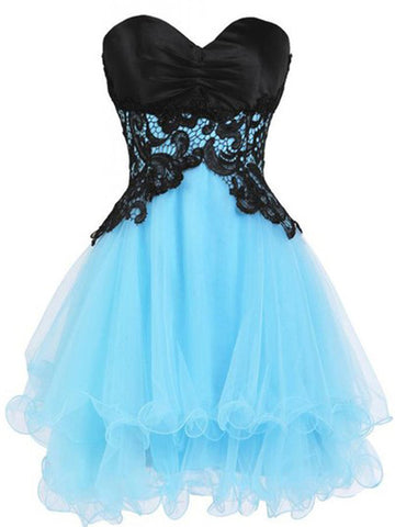 Sweetheart Neck Short Blue Prom Dress with Black Lace Flower, Short Blue Homecoming Dress, Graduation Dress