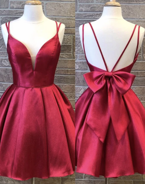 V Neck Burgundy Backless Short Prom Dresses, Burgundy Satin Short Prom Dresses Homecoming Dresses