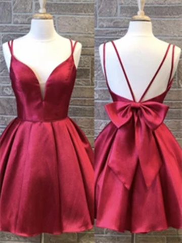 V Neck Burgundy Backless Short Prom Dresses, Burgundy Satin Short Prom Dresses Homecoming Dresses