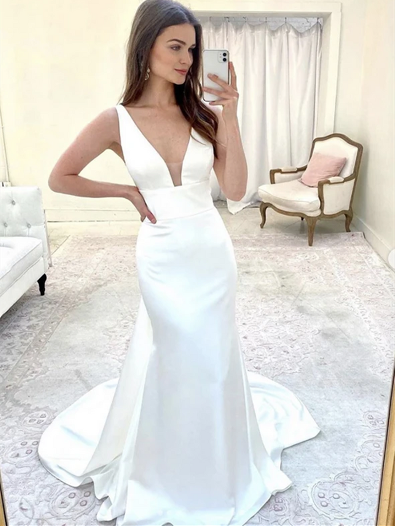 V Neck White Mermaid Long Prom Dresses, V Neck White Mermaid Long Formal Evening Dresses