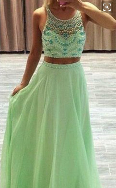 Custom Made 2 Pieces Round Neck Green Prom Dresses, 2 Pieces Formal Dresses