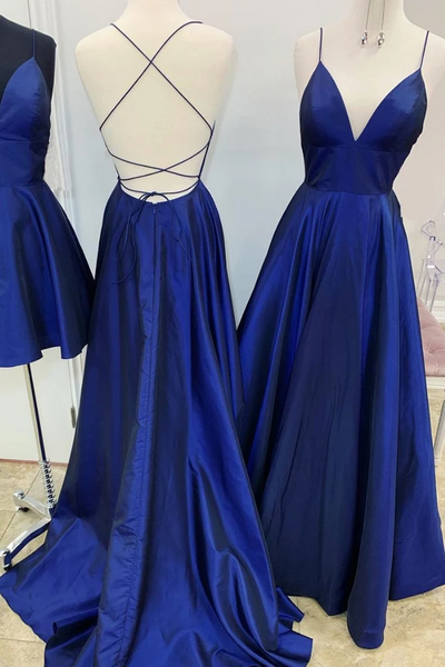 V Neck Royal Blue Backless Prom Dresses, Royal Blue Backless Formal Evening Bridesmaid Dresses