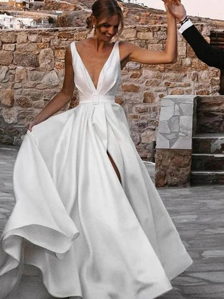 A Line Deep V Neck Ivory Satin Wedding Dresses, V Neck Ivory Satin Prom Evening Dresses with Leg Slit