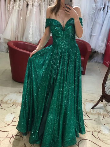 Off Shoulder Bling Bling Green Sequins Long Prom Dresses, Off the Shoulder Green Formal Dresses, Shiny Green Evening Dresses