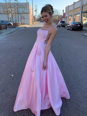 A Line Pink Satin Long Prom Dresses with Pockets, Pink Satin Long Formal Evening Graduation Dresses