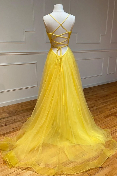 Simple V Neck Backless Yellow Tulle Long Prom Dresses, V Neck Open Back Yellow Long Formal Evening Dresses