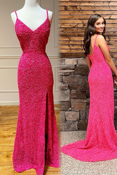 V Neck Yellow Hot Pink Mermaid Long Prom Dresses, Hot Pink Yellow Mermaid Formal Evening Dresses