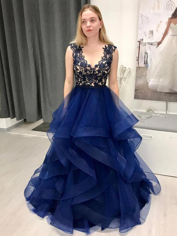 Round Neck Dark Navy Blue Lace Long Prom Dresses, Dark Navy Blue Lace Formal Evening Graduation Dresses