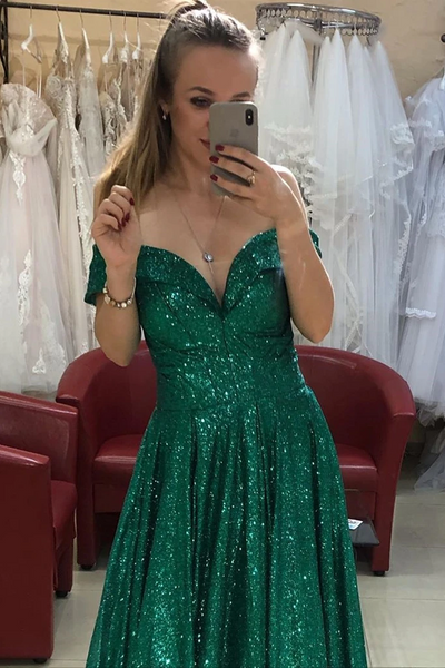 Off Shoulder Bling Bling Green Sequins Long Prom Dresses, Off the Shoulder Green Formal Dresses, Shiny Green Evening Dresses