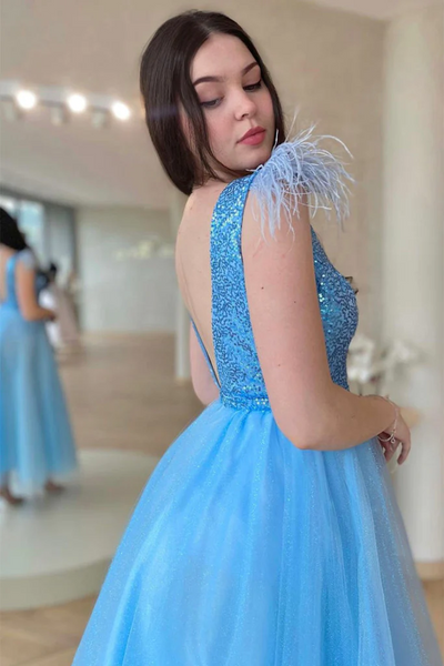 V Neck Shiny Sequins Blue Tulle Tea Length Prom Dress, Blue Tulle Homecoming Dress, Short Blue Formal Evening Dress