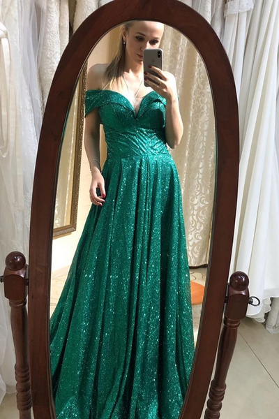 Off Shoulder Bling Bling Green Sequins Long Prom Dresses, Off the Shoulder Green Formal Dresses, Shiny Green Evening Dresses