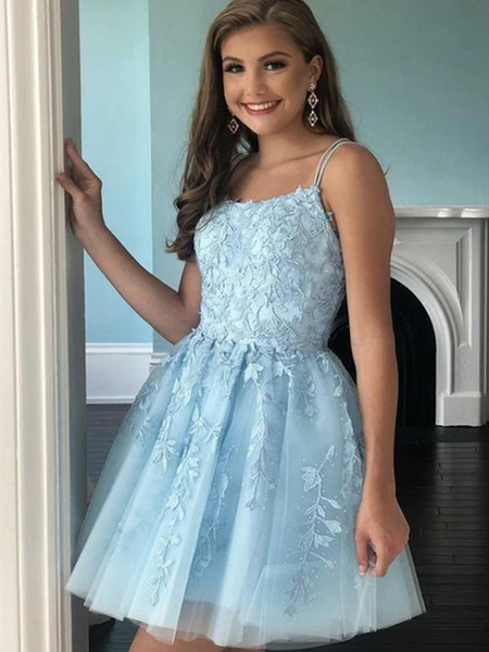 Backless Short Blue Lace Prom Dresses, Short Blue Lace Graduation Homecoming Dresses