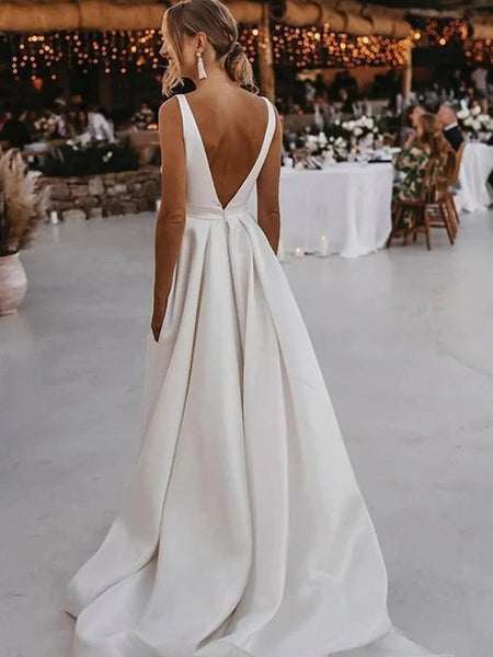 A Line Deep V Neck Ivory Satin Wedding Dresses, V Neck Ivory Satin Prom Evening Dresses with Leg Slit